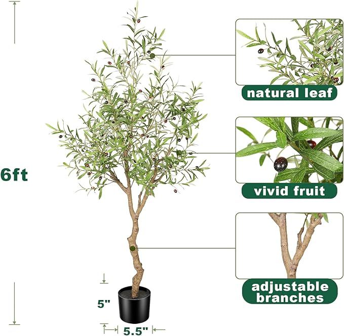 FEELEAD Artificial Olive Tree 6ft -Tall Fake Potted Olive Silk Tree with Planter Natural Olive Br... | Amazon (US)