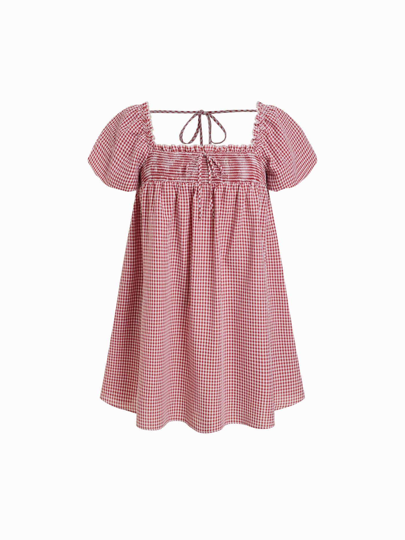 Woven Cotton-blend Square Neck Plaid Puff Sleeve Smock Mini Dress Curve & Plus For Daily Casual | Cider
