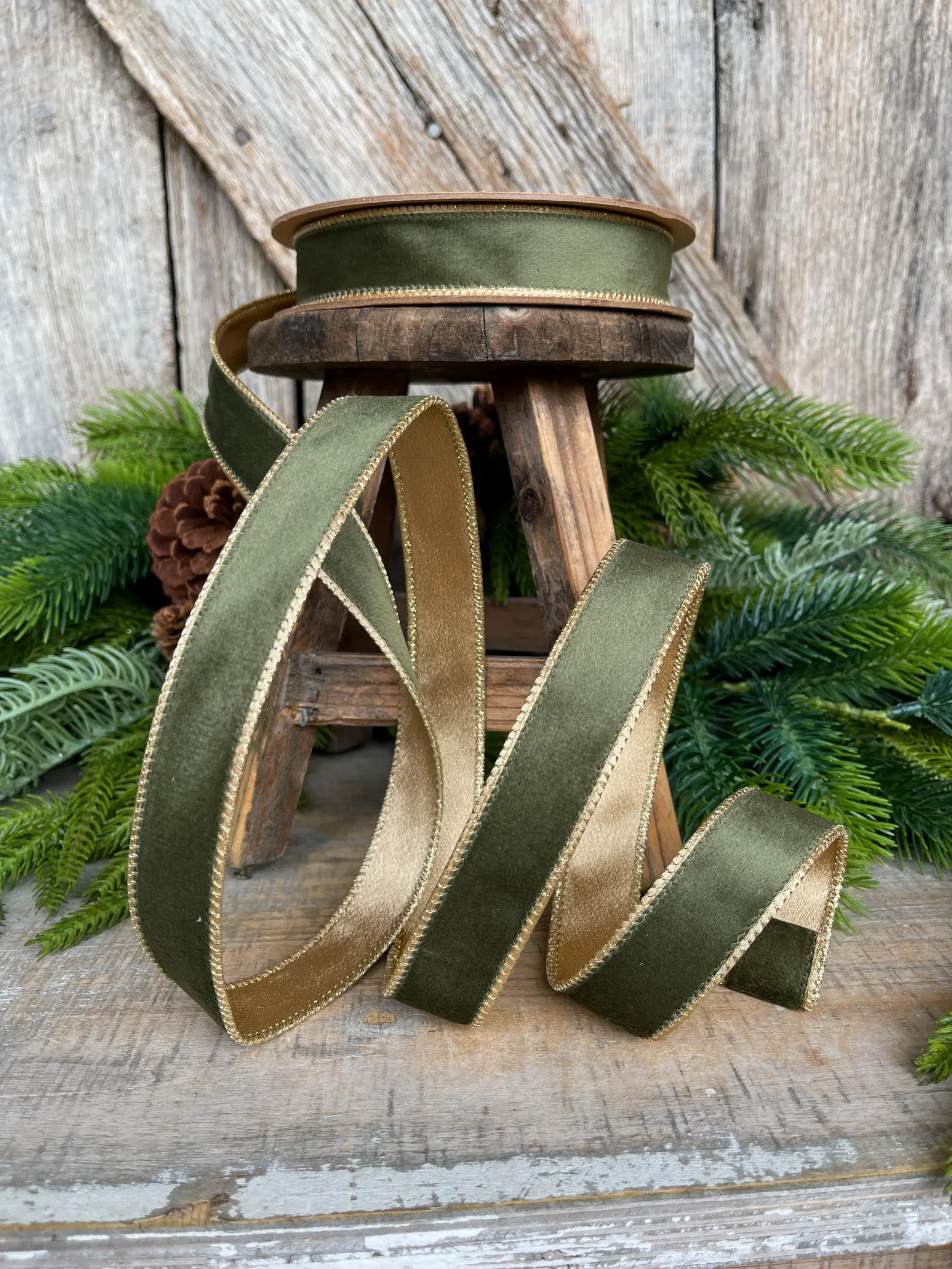 1" Forest Green Velvet Ribbon, Moss Green & Gold Velvet Ribbon, Christmas Ribbon, Moss Green Velv... | Etsy (US)