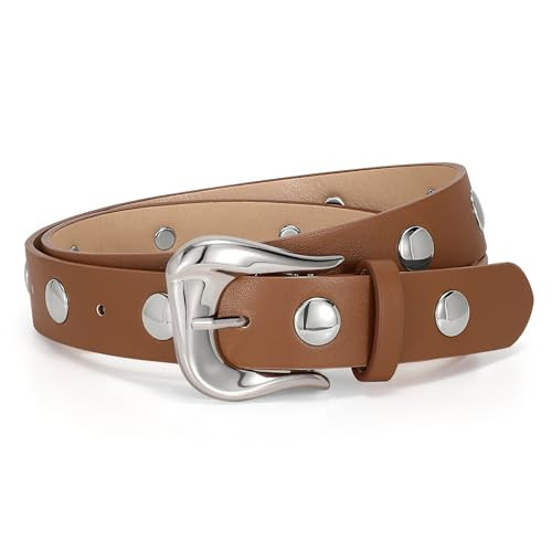 LEACOOLKEY Women Leather Belts for Jeans Dress Fashion Gold Black Leather Belt Women Studded Belt Punk Leather Belt | Amazon (US)