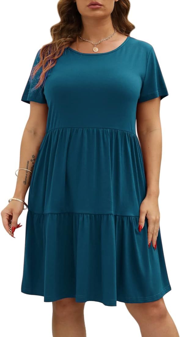 Nemidor Women's Loose Short Sleeve Plus Size Plain T-Shirt Dress Casual Layered Swing Midi Dress ... | Amazon (US)