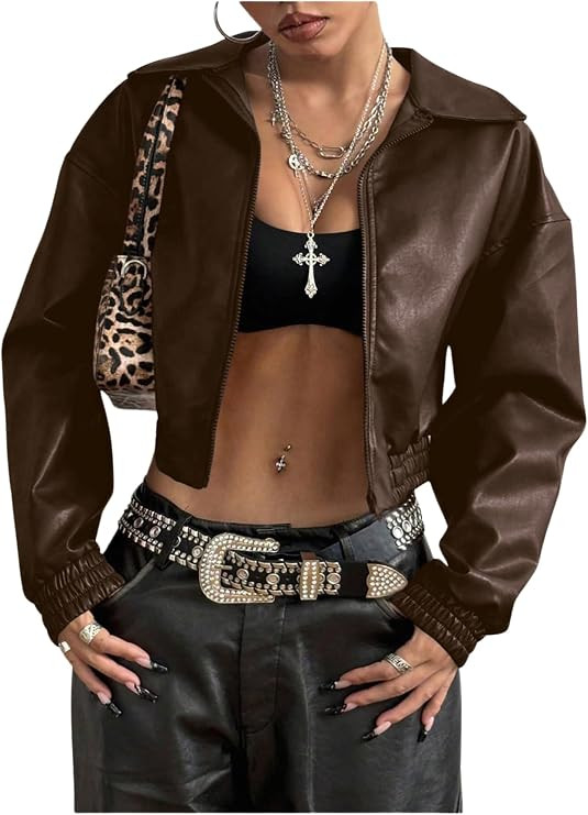 Women's Y2K Faux PU Leather Jacket Crop Zip Up Motorcycle Coat Long Sleeve Drop Shoulder Motor Bi... | Amazon (US)