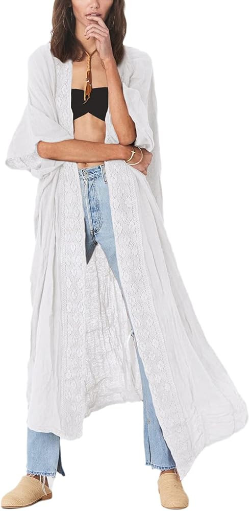 Bsubseach Embroidery Half Sleeve Open Front Kimono Beach Cover Ups for Women | Amazon (US)