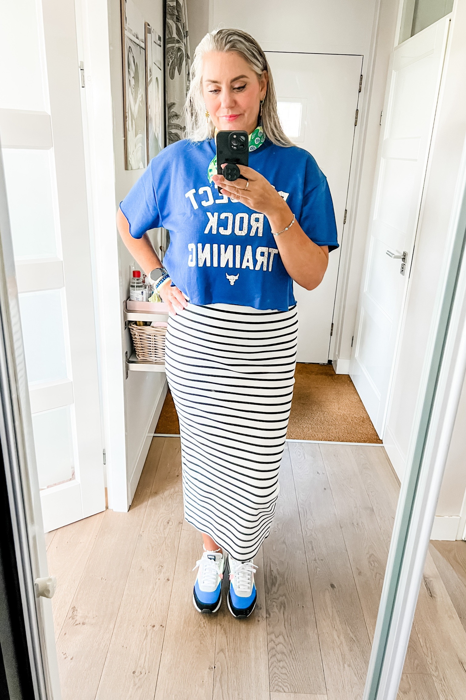 Ootd - wet hair, don’t care. A kobalt blue cropped sports top from Under Armour paired with a white and black striped pencil skirt, bright Puma sneakers and bandana finish off the look. 



#LTKeurope #LTKnederlands #LTKsummer