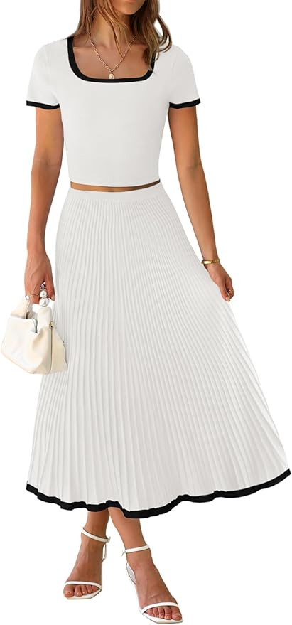 ZESICA Womens Summer Casual Two Piece Sets Short Sleeve Top and Pleated Skirts Matching Lounge Se... | Amazon (US)