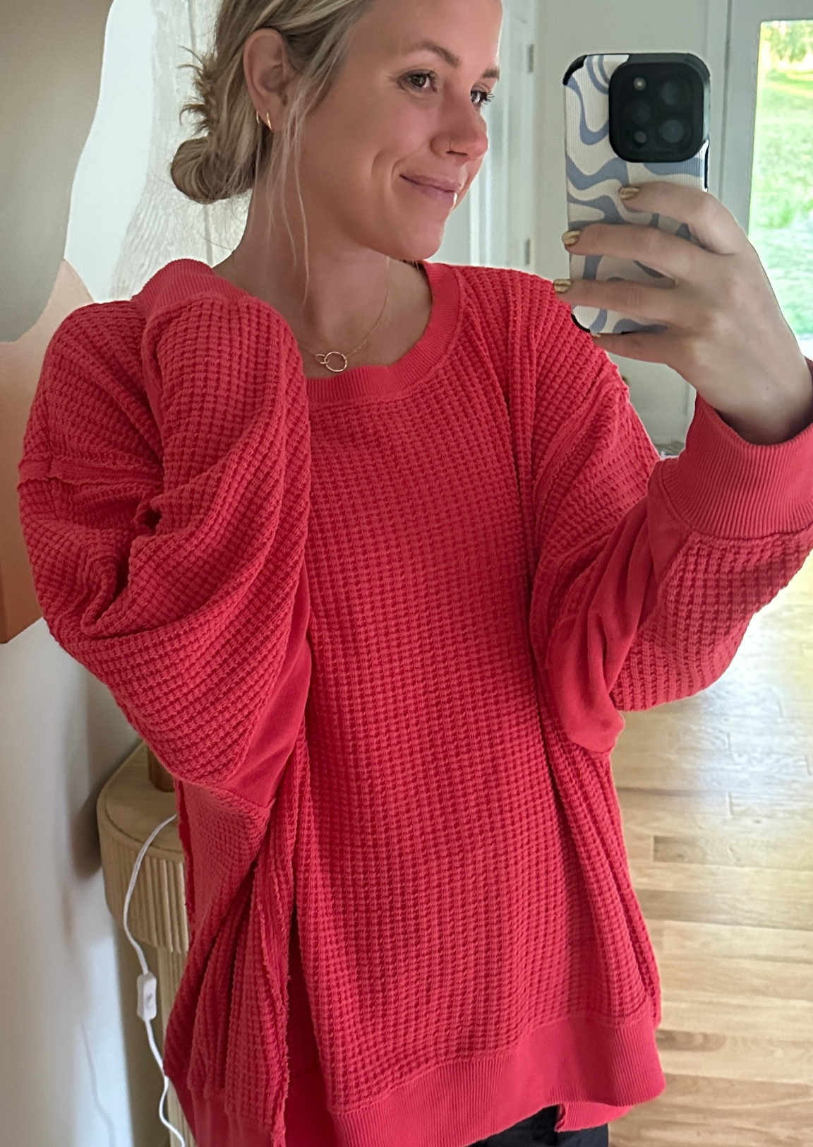 cozy waffle sweatshirt 
wearing size L for extra oversized 