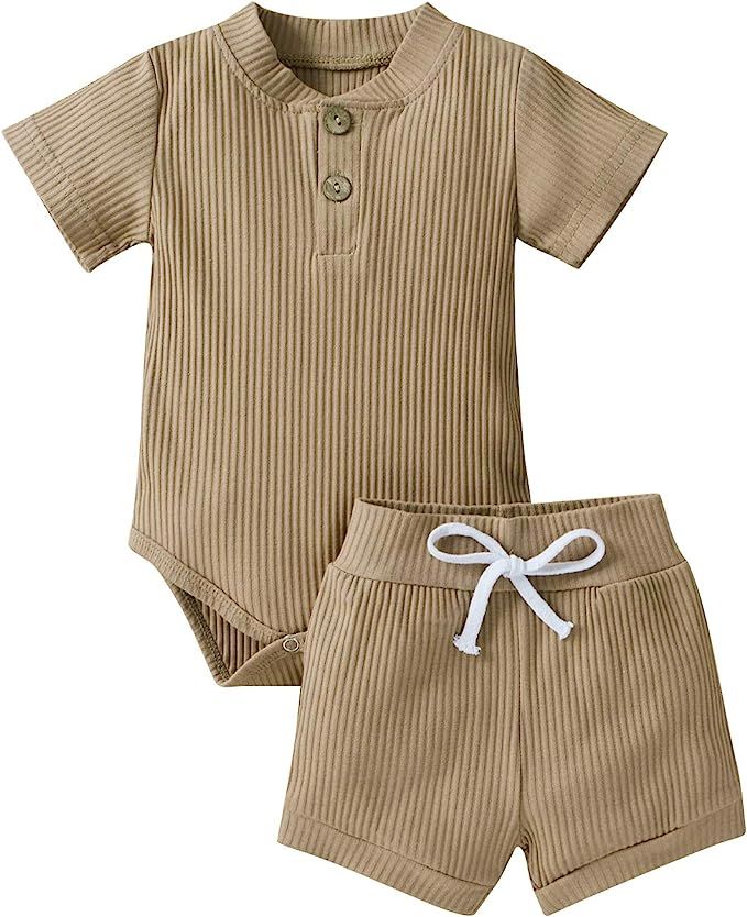 Ledy Champswiin Summer Newborn Baby Boy Girl Clothes Set Ribbed Outfits Unisex Infant Solid Short... | Amazon (US)