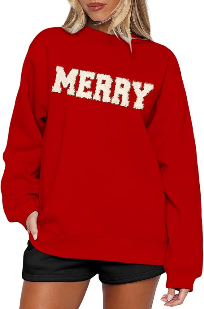 Merry Sweatshirts for Women Christmas Crewneck Fleece Lined Sweaters Chenille Sequin Letter Pullo... | Amazon (US)