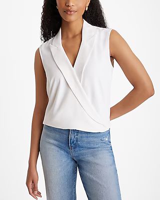 Collared V-Neck Sleeveless Faux Wrap Front Top | Express