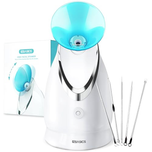 EZBASICS Facial Steamer - Professional Nano Ionic Face Steamer for Facial Deep Cleaning, Warm Mist Humidifier for Home Spa, Unclogs Pores Sinus, Bonus 5 Piece Stainless Steel Skin Kit (Blue) | Amazon (US)