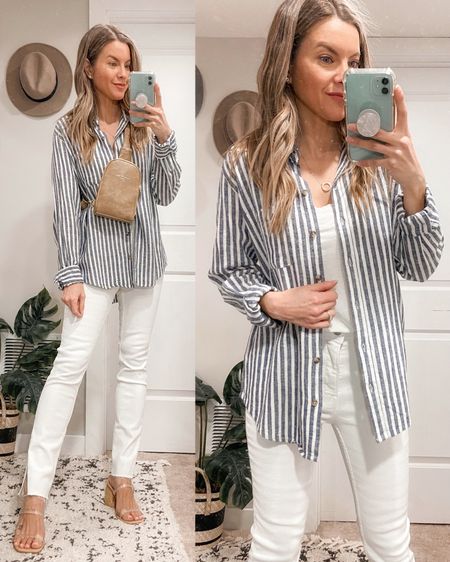 Target Striped Button-Down Shirt
Spring Outfit
White Split-Hem Jeans
Faux Leather Belt Bag
Double-Strap Heeled Sandals

#LTKstyletip #LTKSeasonal #LTKunder50