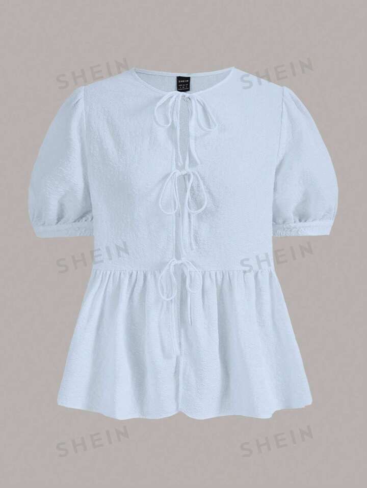 SHEINNeu Women's Solid Color Lace-Up Short Sleeve Shirt | SHEIN