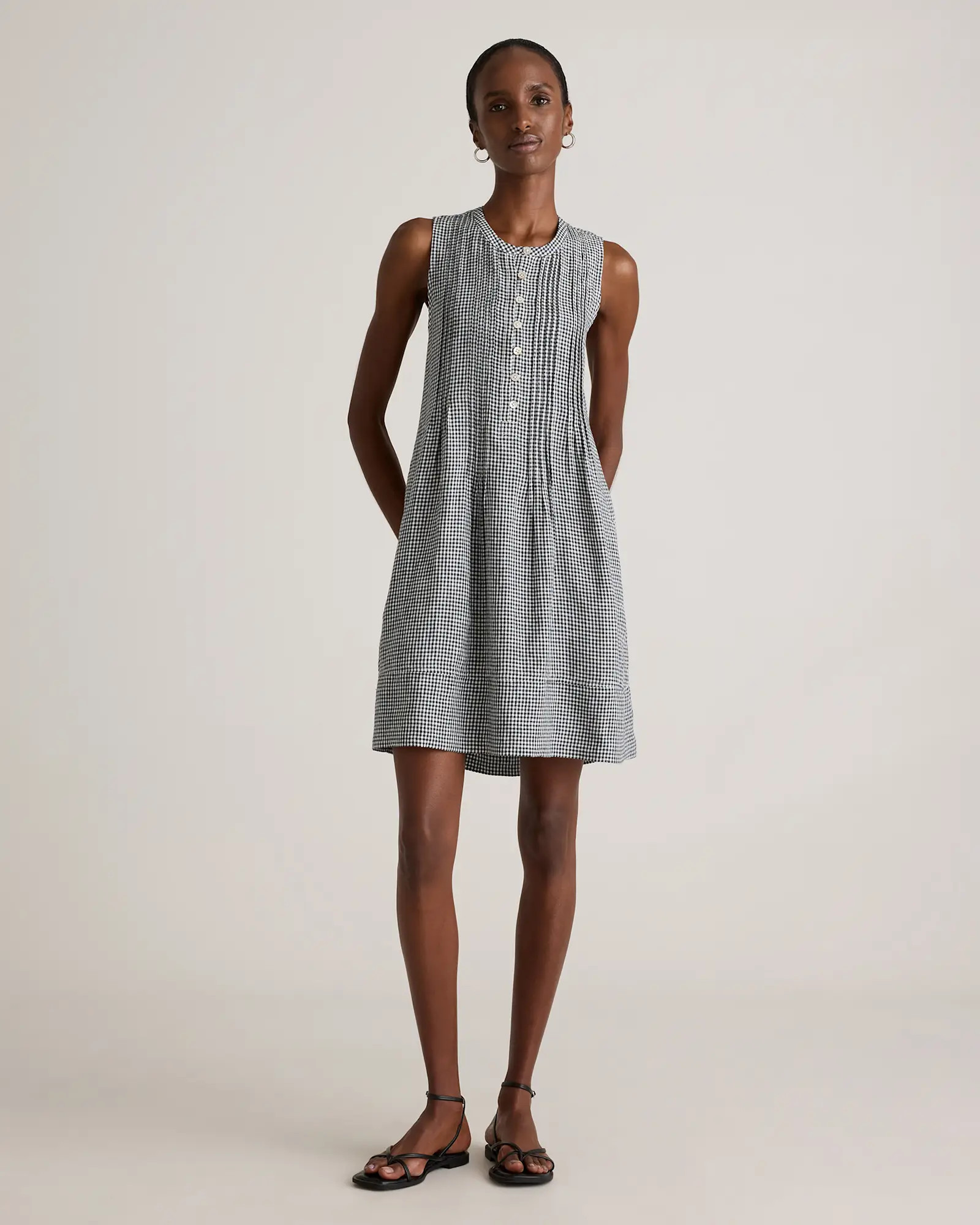 100% European Linen Sleeveless Swing Dress in Classic Mini Gingham | Quince