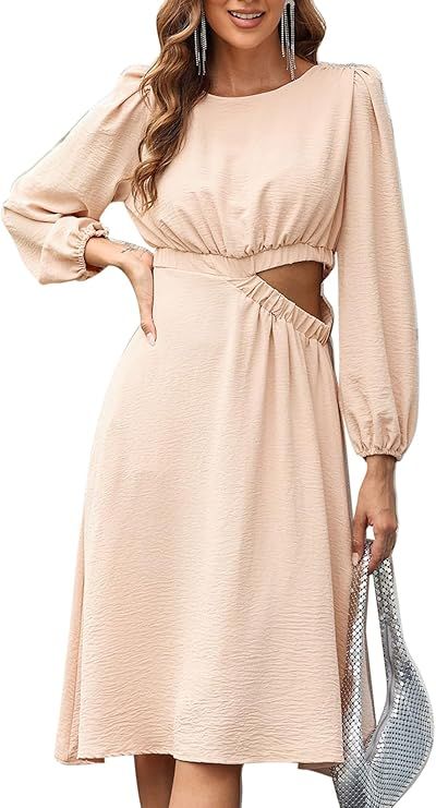 BLENCOT Womens Casual Long Sleeve Crewneck Cut Out Waist Dress A Line Knee Midi Dresses | Amazon (US)