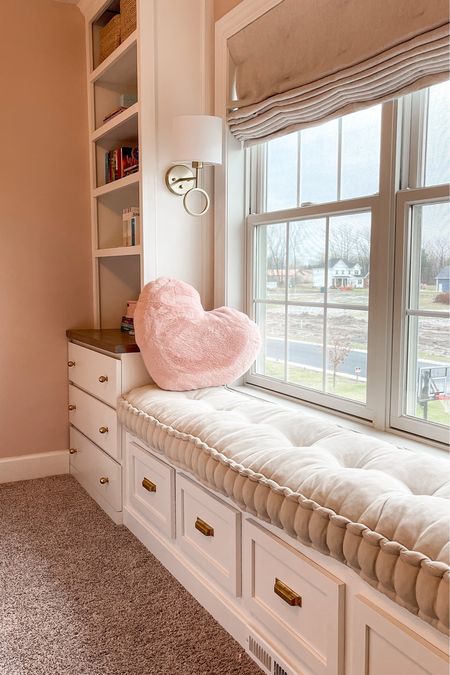 Window bench, long seat cushion, built in storage, kids room inspiration, reading light sconces, linen Roman shade 
Wall paint: Abalone Shell by Sherwin Williams 

#LTKfamily #LTKhome