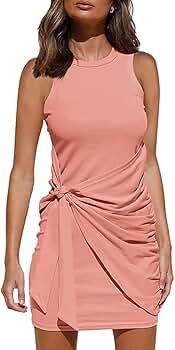 OWIN Women's Summer Casual Sleeveless Tank Dress Crewneck Bodycon Ruched Tie Waist Mini Dresses | Amazon (US)