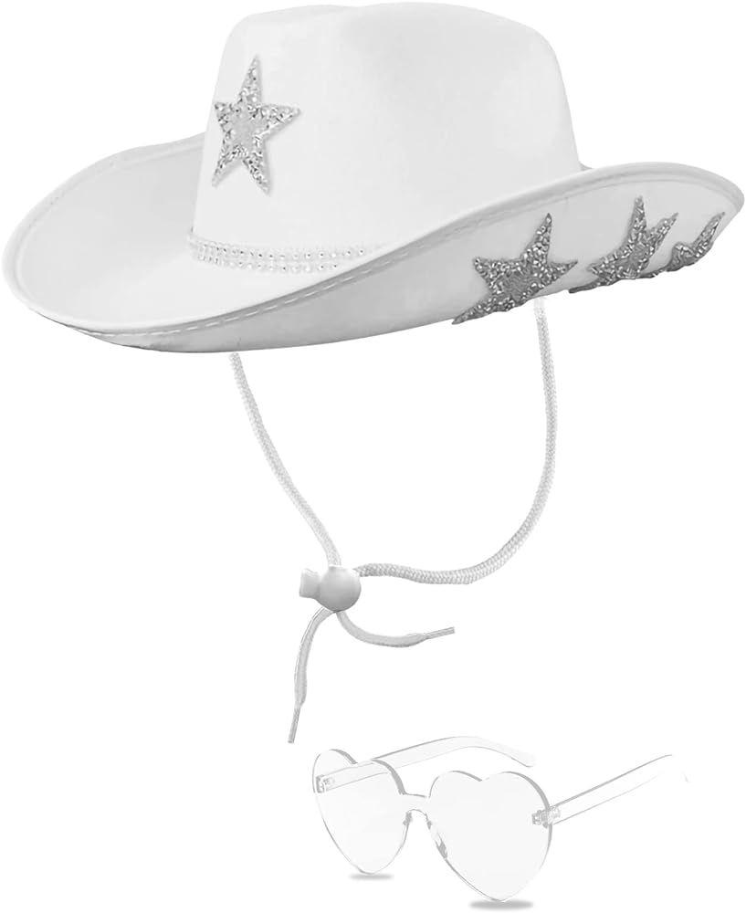 YBHOMINE White Cowgirl Hat with Heart Sunglasses - Cowboy Hat with Glitter Star Fits Women for Ba... | Amazon (US)