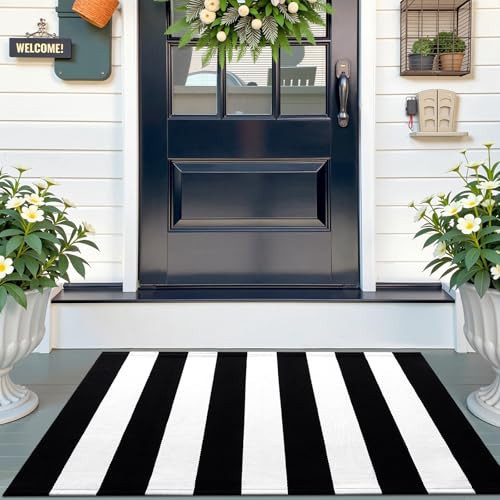 OLANLY Black and White Striped Rug 2'4" x 3'7" (27.5" x 43") – Washable Cotton Indoor Outdoor Doormat for Front Door, Entryway, Kitchen, Porch, Patio Decor | Amazon (US)