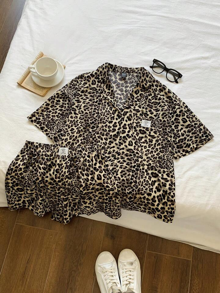 Comfortcana Women's Short Sleeve Leopard Print Collared Shirt And Shorts Loungewear Set, Spring/Summer | SHEIN