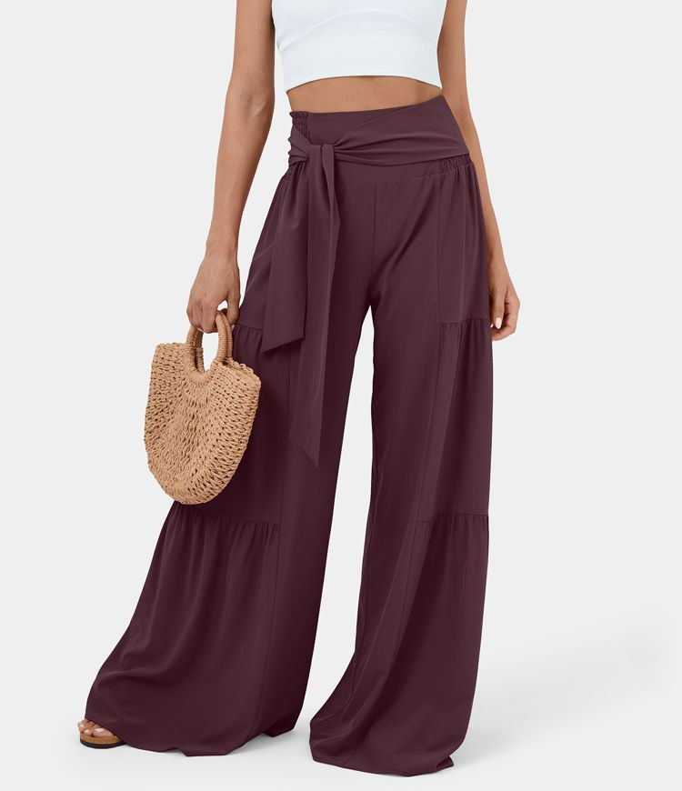 Breezeful™ High Waisted Shirred Tie Front & Back Plicated Wide Leg Flowy Quick Dry Casual Pants | HALARA