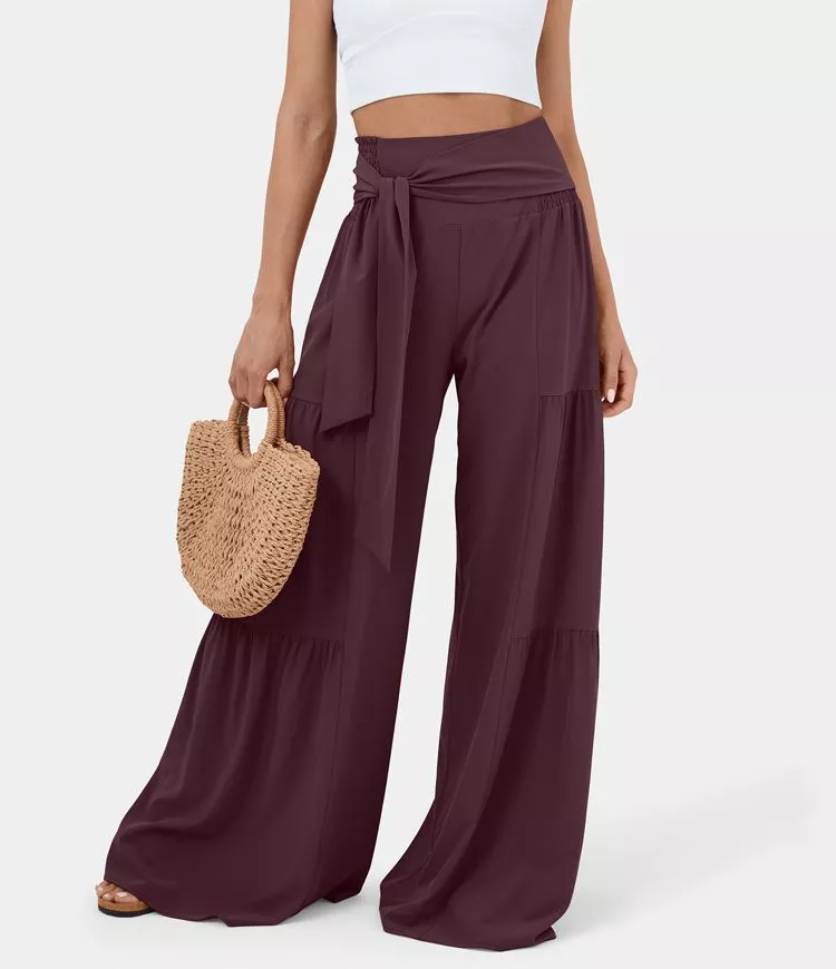 Breezeful™ High Waisted Plicated Side Pocket Shirred Wide Leg Flowy Solid  Palazzo Quick Dry Casual Pants
