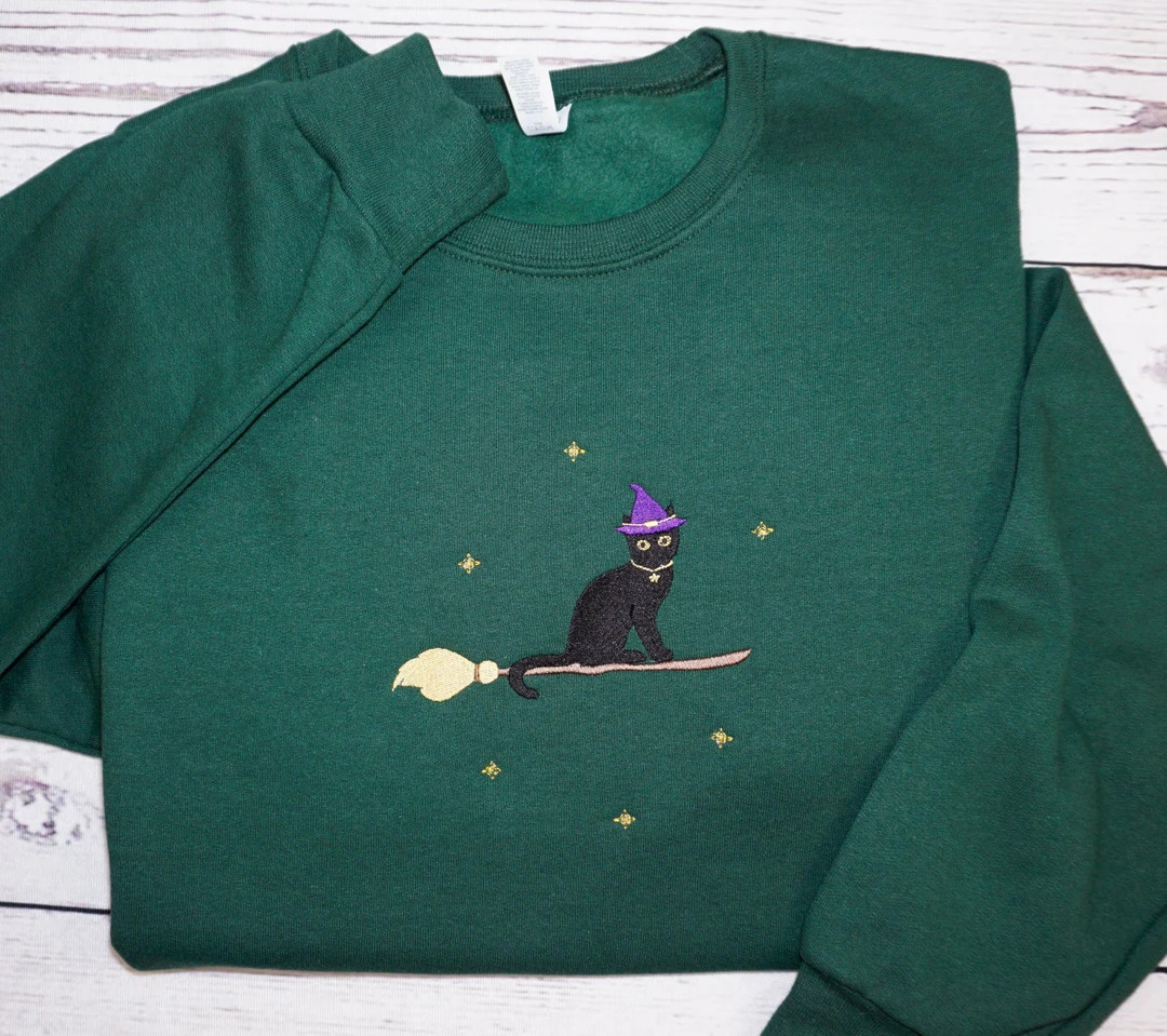 Embroidered Cat Witch Sweatshirt, Halloween Adult Crew Neck, Unisex Fleece - Etsy | Etsy (US)