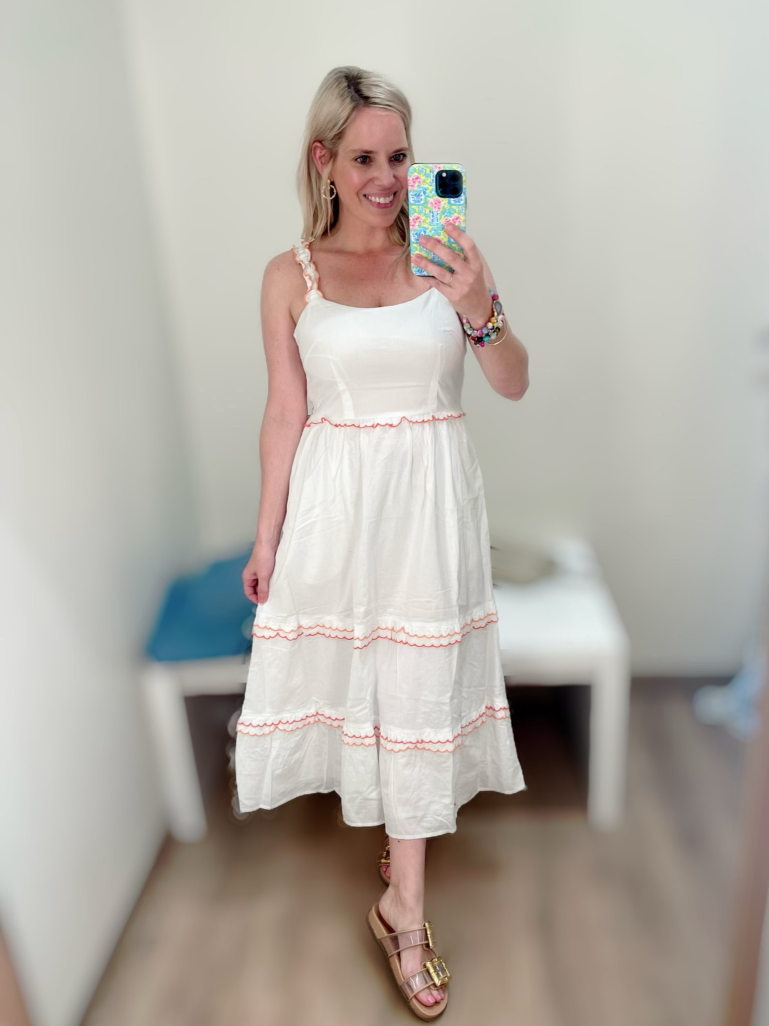 White scalloped midi dress, flat sandals 

#LTKFindsUnder50 #LTKFindsUnder100 #LTKOver40