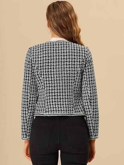Allegra K Women's Plaid Tweed Blazer Long Sleeve Open Front Work Office Short Jacket | Amazon (US)