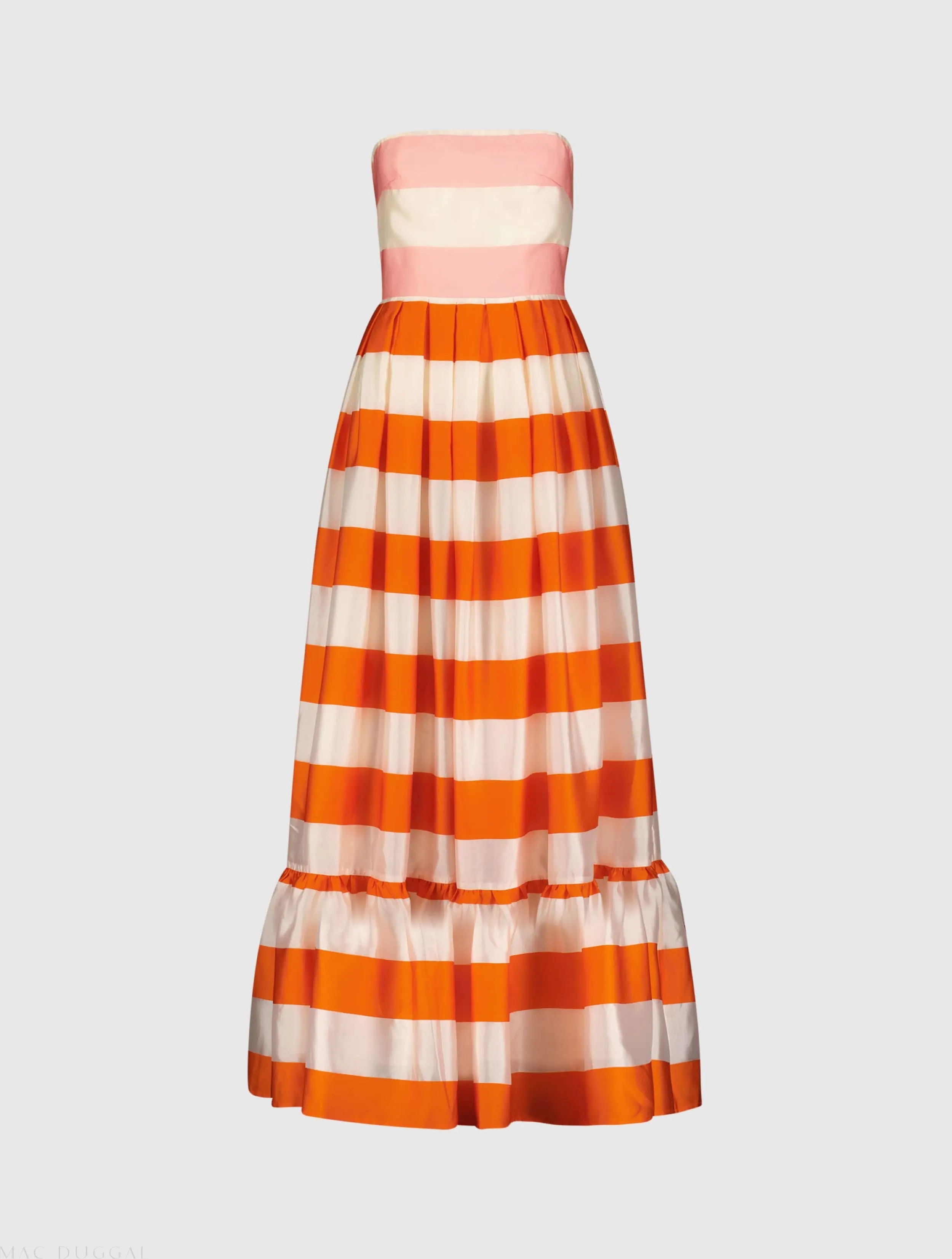 Striped Organza Strapless Ruffle Maxi Dress | Mac Duggal