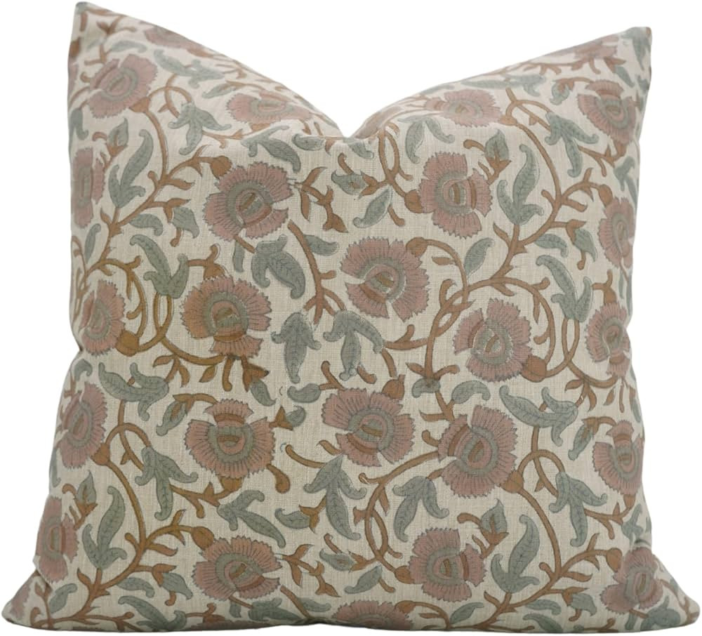 Linen Blend Handmade Block Floral Print 20x20 Inch Elegant Throw Pillow Cover Invisible Zipper fo... | Amazon (US)