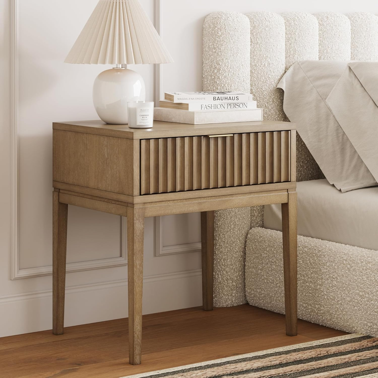 Nathan James Boho Jasper Wood Nightstand with Drawer, Fluted Side Table or End Table with Storage, Light Brown | Amazon (US)