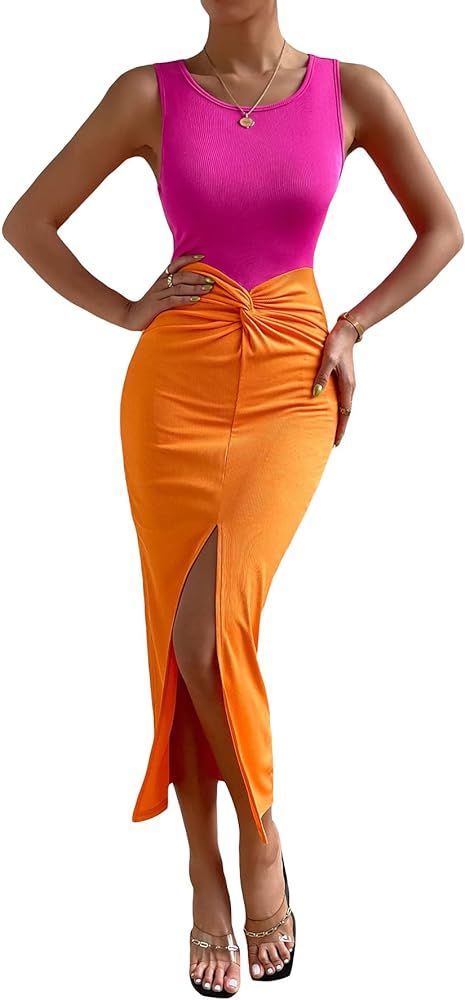 GORGLITTER Women's Twist Front Split Thigh Bodycon Maxi Dress Colorblock Sleeveless Slit Long Dre... | Amazon (US)