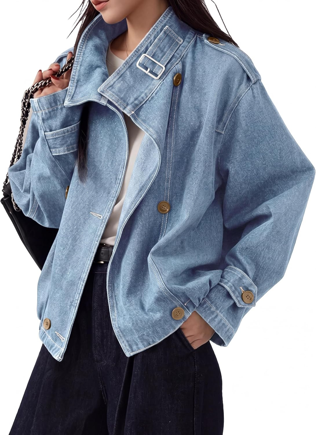 Womens Jean Denim Jacket Oversized Funnel Neck Button Up Casual Coat | Amazon (US)