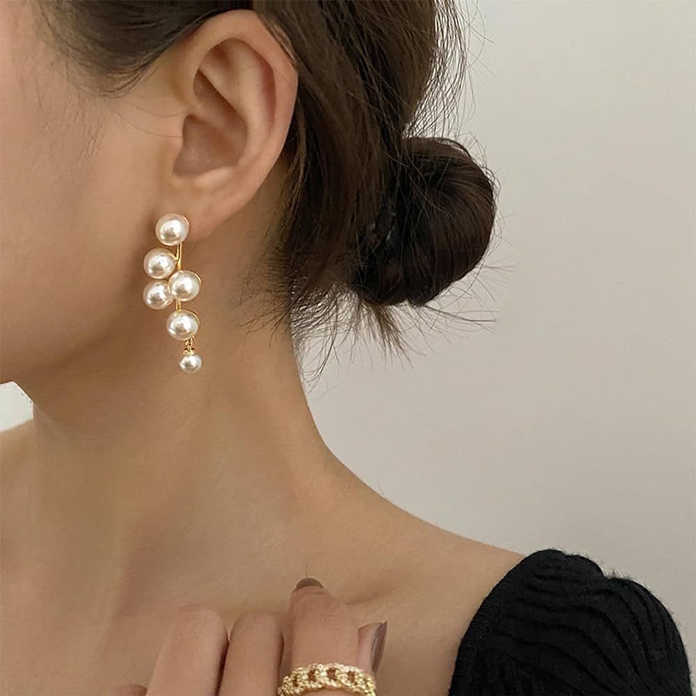 Long Pearl Tassel Drop Earrings Multi Beaded Cluster Chandelier Dangle Earrings Gold Pearl Chain ... | Amazon (US)