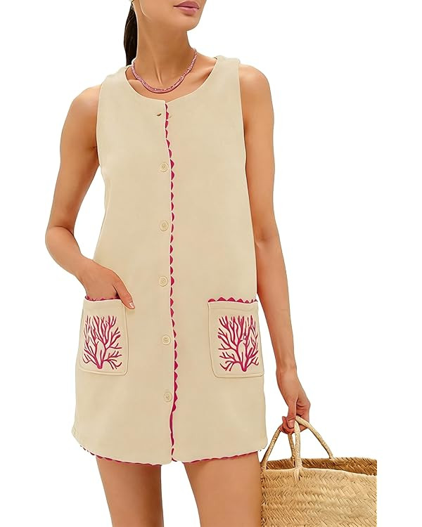 Sleeveless Mini Dress for Women Faux Suede Soft Cover Up with Button Front Summer Casual Embroide... | Amazon (US)