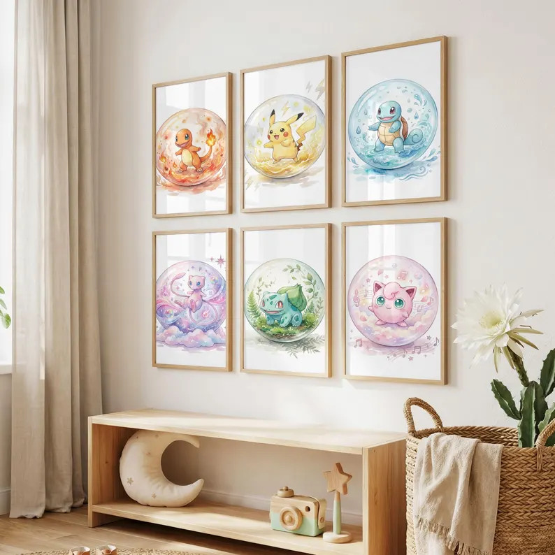 Set of 8 Pokemon Nursery Wall Art, Watercolor Prints, Boys Room Decor (Digital Download) | Etsy (Global)