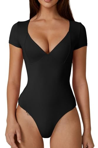 QINSEN Black Bodysuit for Women Sweetheart Neckline Short Sleeve Bodycon Shirt Tops L | Amazon (US)