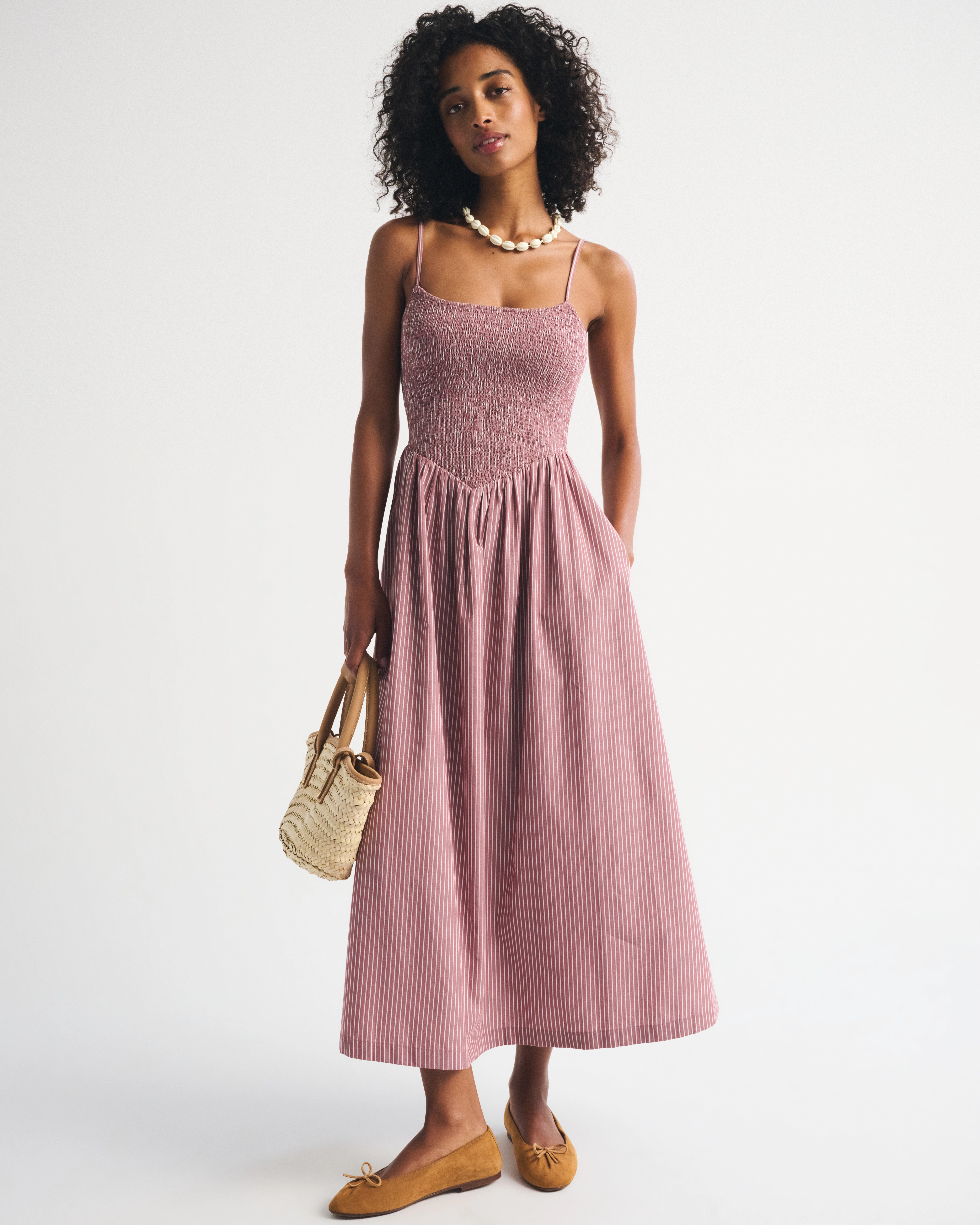 A&F Sydney Smocked Dipped-Waist Midi Dress | Abercrombie & Fitch (US)