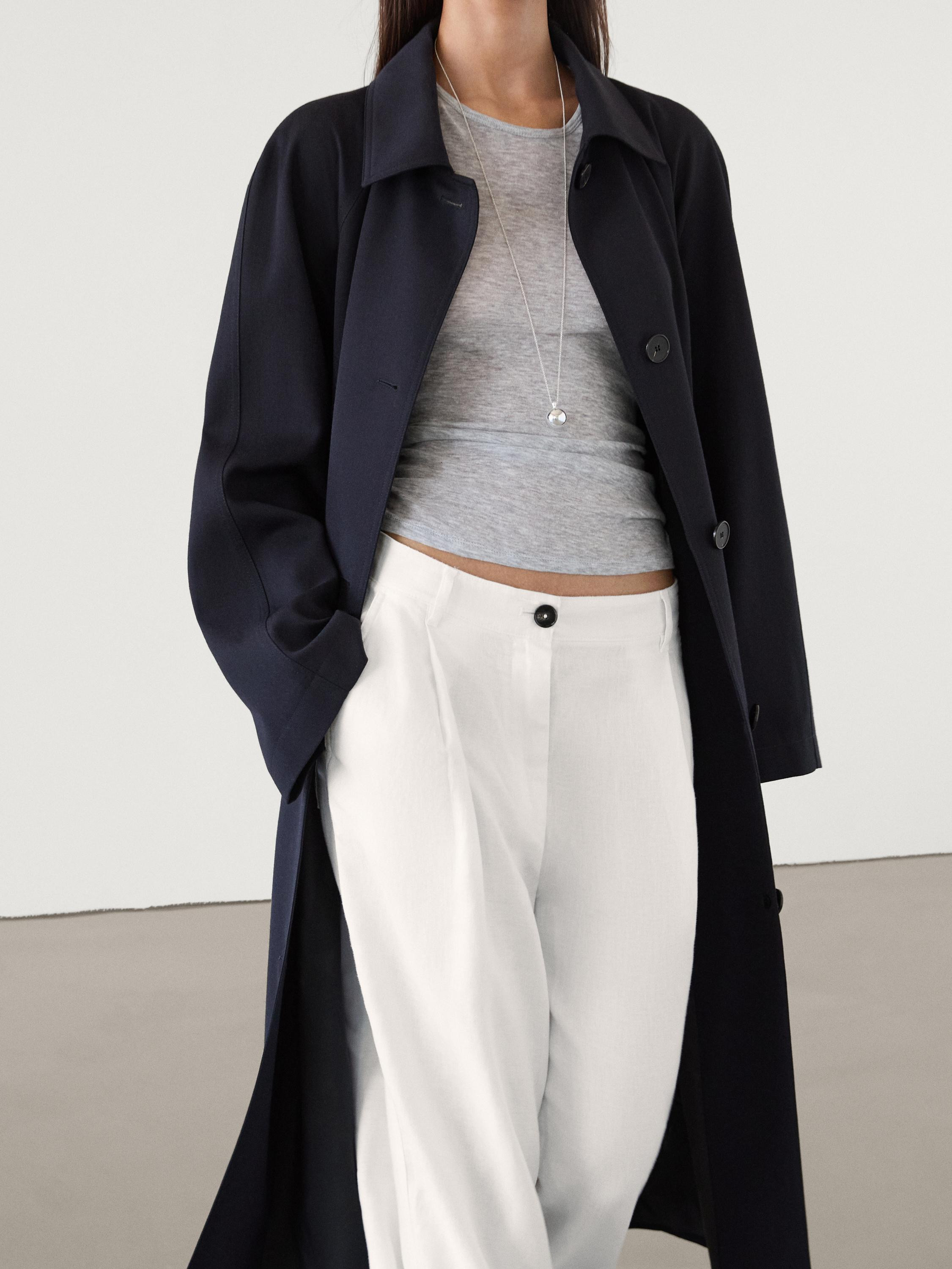 Flowing navy blue trench coat with belt  $349.00 Shirt collar. Button fastening. Loose. Belt deta... | Massimo Dutti US