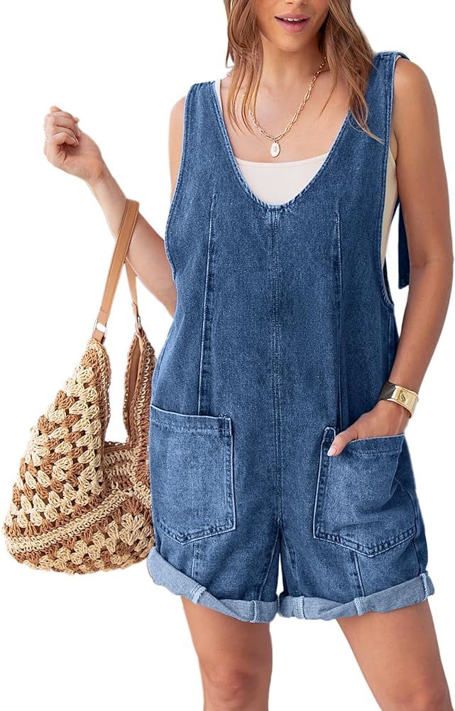 Glamaker Womens Casual Sleeveless V Neck Denim Romper Overall Shorts Summer Jean Romper Denim Out... | Amazon (US)