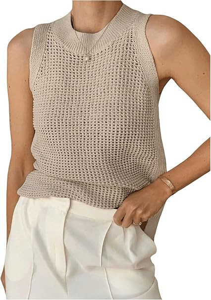 SweatyRocks Women's Hollow Out Sleeveless Knit Top Crewneck Split Sweater Vest | Amazon (US)