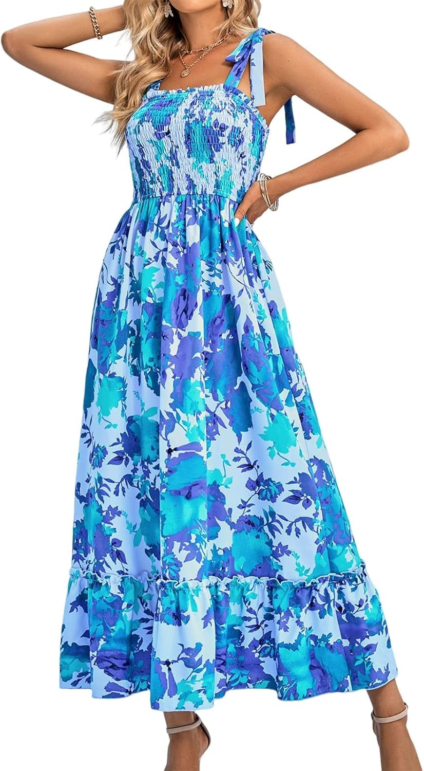 RIROW Women's Summer Maxi Dress - Boho Floral Sundress with Sleeveless Spaghetti Straps A Line Sh... | Amazon (US)