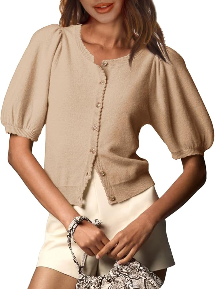 Saodimallsu Womens Puff Short Sleeve Cardigan Lightweight Summer Button Down Shirts Knit Crew Nec... | Amazon (US)