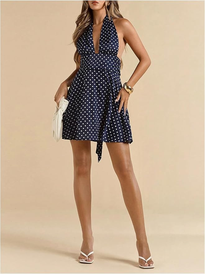 MakeMeChic Women's Polka Dots Halter Dress Tie Backless Ruched Sleeveless Mini Dresses | Amazon (US)