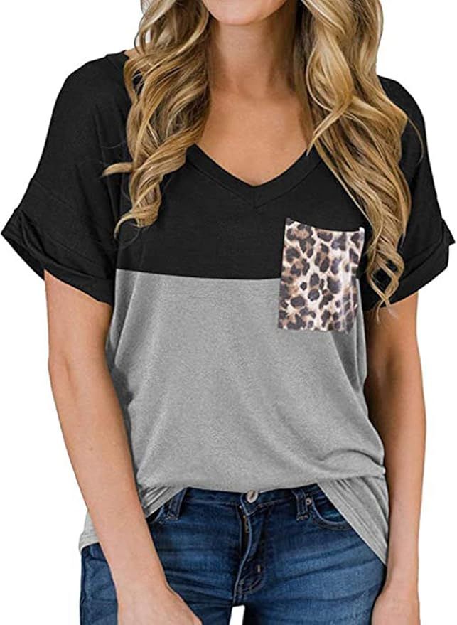 RULINJU Women's Short Sleeve T Shirts V-Neck Tunic Tops Loose Casual Tees Front Leopard Pocket | Amazon (US)