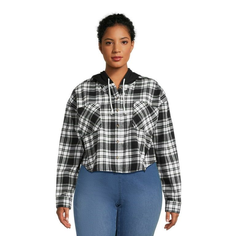 No Boundaries Juniors Plus Size Hooded Plaid Flannel Shirt | Walmart (US)