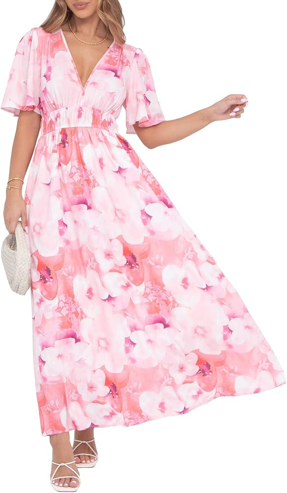 Womens V Neck Flutter Sleeve Boho Midi Dress Summer Wedding Guest Beach Party Long Dresses | Amazon (US)