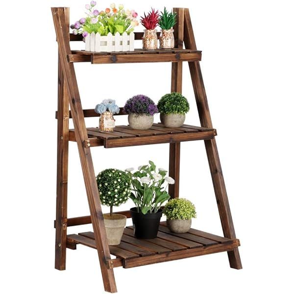 YAHEETECH 3 Tier Folding Wooden Plant Stand Wood Organizer Flower Pot Stand Plant Display Shelf Rack | Amazon (US)