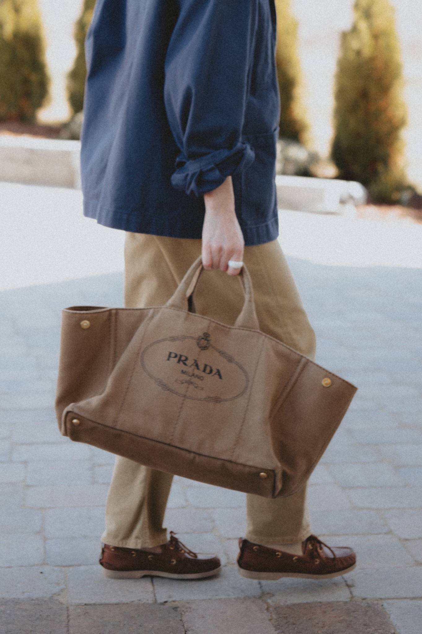 Boat shoes + cotton twill pants + true blue chore jacket + canvas tote. 

#LTKootd