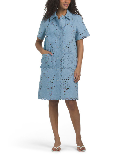 Short Sleeve Collar Button Down Eyelet Mini Shirt Dress | TJ Maxx
